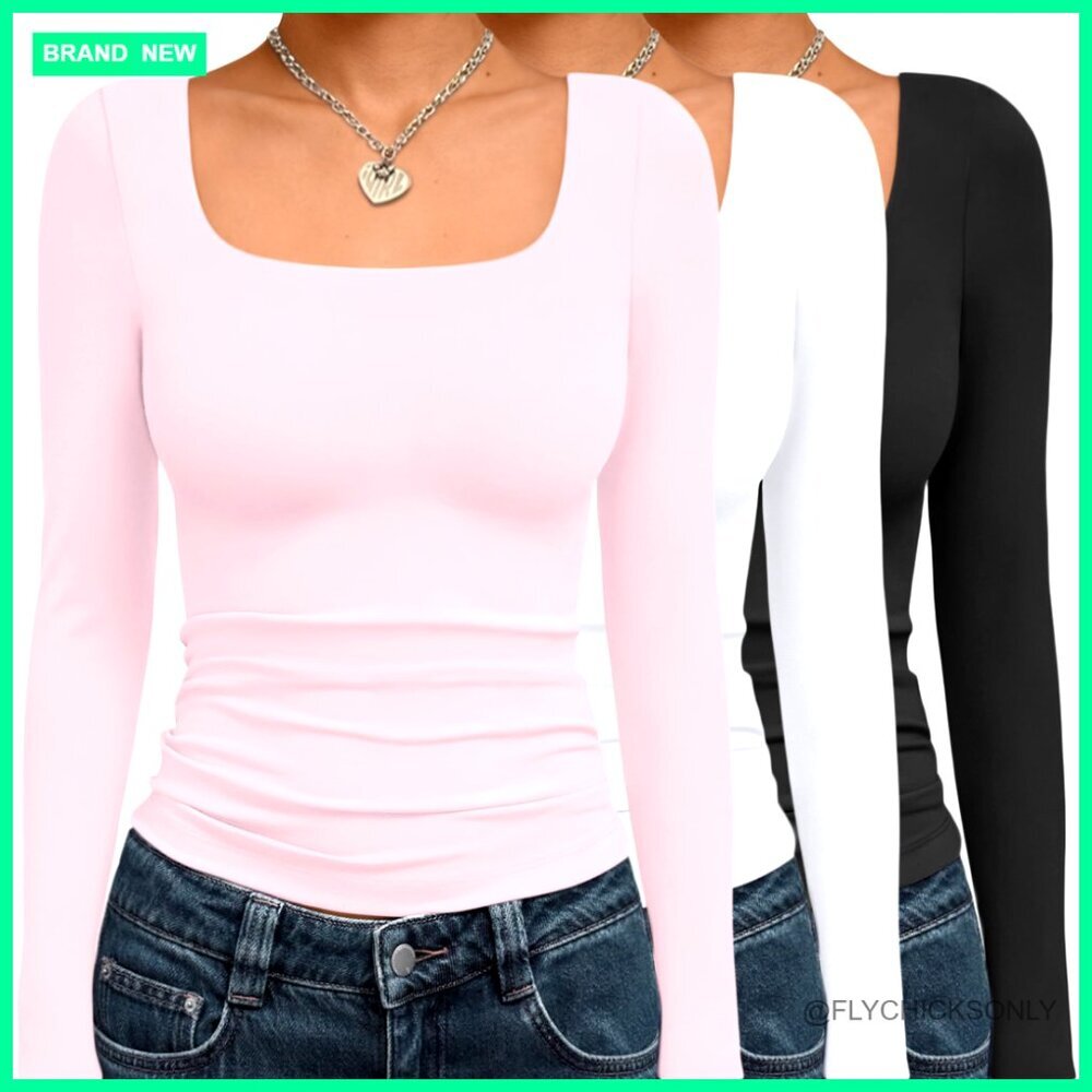 3 Pack Long Sleeve Crop Tops Slim Fit Scoop Neck Y2K Fall Fashion